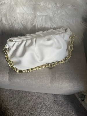 White Faux Leather Crescent Shoulder Bag for Women with Gold Chain Strap Accent