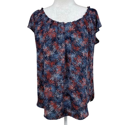 Joe Fresh Womens Blouse Confetti Print Medium Cap Sleeve Career Red White Blue