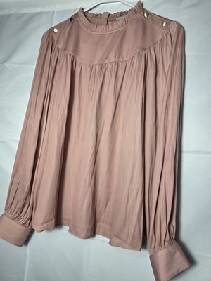 LOFT Blush Pink Long Sleeve Ruffle Yoke Blouse with Gold Buttons NWT Size Medium