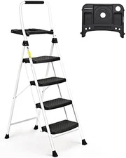 4 Step Ladder, Folding Step Stool with Tool Platform, Sturdy& Portable Steel Lad