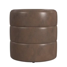 HomePop Upholstered Round Ottoman Brown Faux Leather