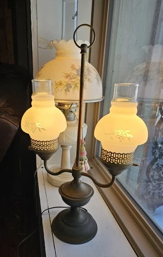 Vintage Double~Armed Student Lamp w/ Shades 21"T × 12"W (works, but has issues)