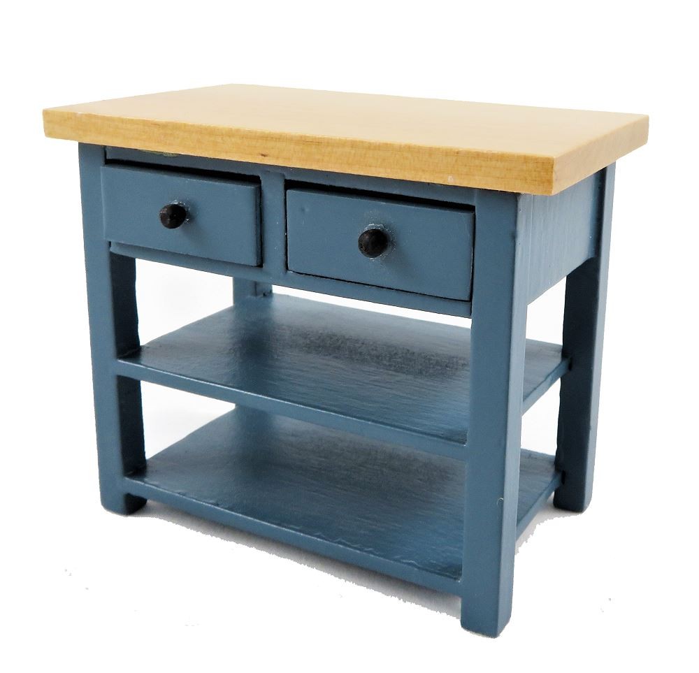 Dolls House Blue & Pine Island Work Table Modern Miniature Kitchen Furniture