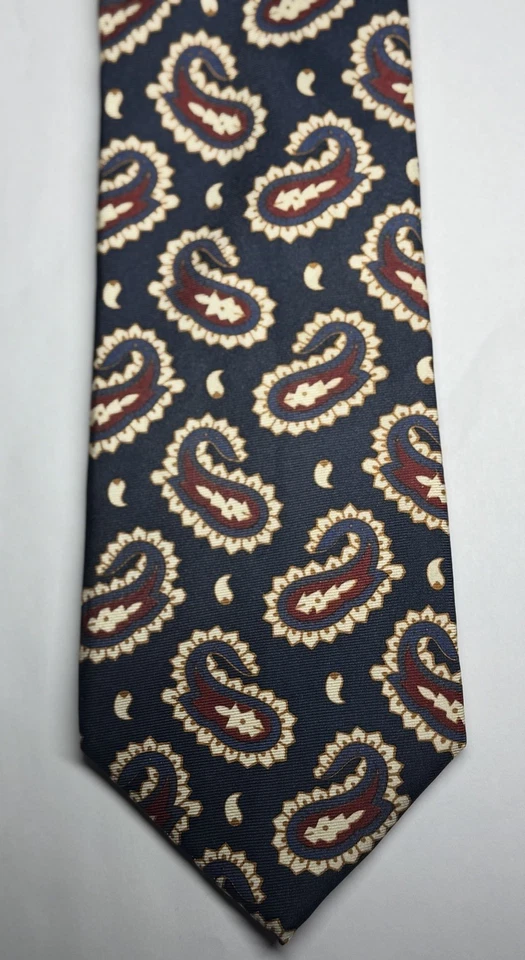 复古 Lands Ends,100% 真丝,蓝色,红色,棕褐色佩斯利商务,学院风领带 — 第 2/3 张图片