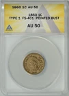 1860  1c  ANACS AU50  *  FS-401 Pointed Bust  *  INDIAN HEAD CENT  * #7610372