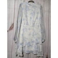 Express Blue Floral Chiffon Mock Neck Ruffle Mini Dress Sheer Sleeve NWT Large