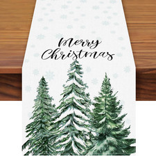 72 x 13 Inch Merry Christmas Table Runner - Snowflakes and Pine Trees Pattern fo
