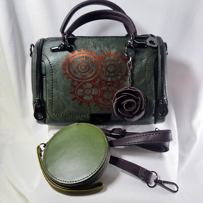 Purse Boston Style Steampunk Handbag  Faux Leather Green