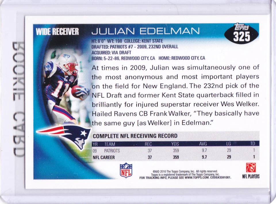 JULIAN EDELMAN ROOKIE CARD Topps Football RC New England Patriots SUPER BOWL MVP - Image 2 of 2