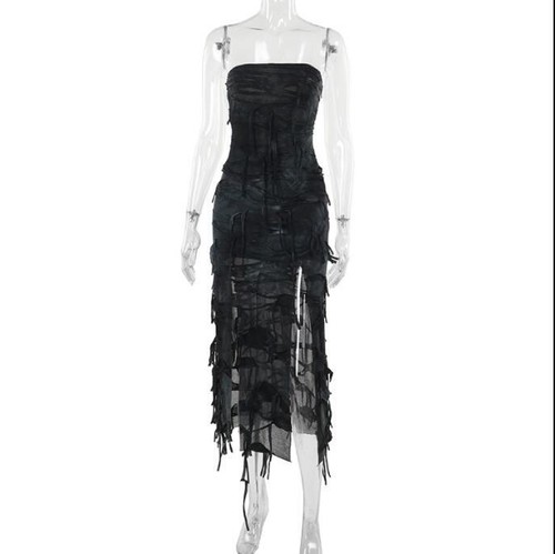 Women's Gothic Strapless Ripped Slit Long Halloween Waistland Style Dress 0273 - Picture 5 of 7