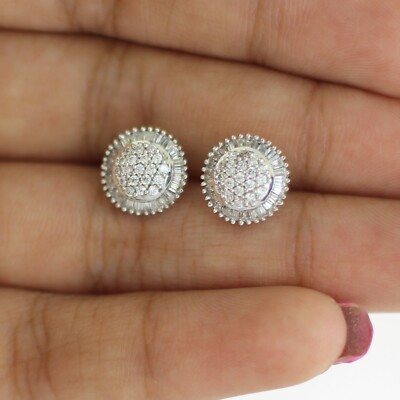 14K White Gold 0.47 CT Baguette & Natural Round Diamond Cluster Stud Earrings 