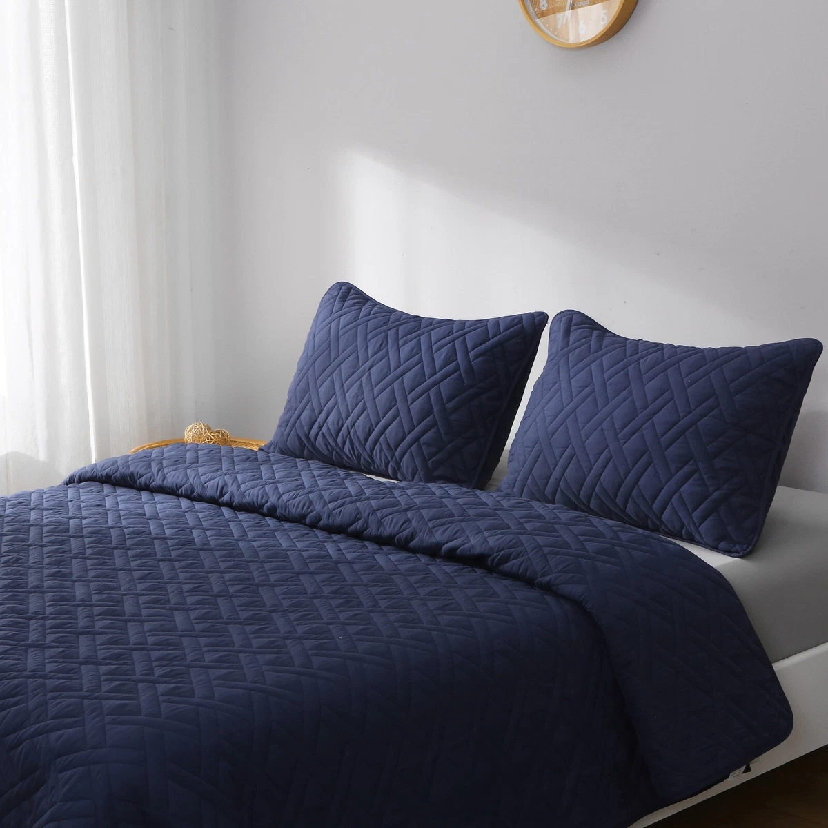 King Size Quilt Bedspread Dark Navy Bed Thrown Set of 3 Diamond Stitch Design