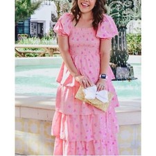 LoveShackFancy Simone Smocked Tiered Ruffled Pink Midi Maxi Floral Dress Large