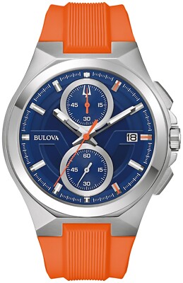 Bulova Men's Maquina Quartz Chronograph Date Orange Silicon Watch 46 MM 96B407