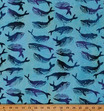 Cotton Batik Whales Animals Land Sea Blue Fabric Print by the Yard D303.57