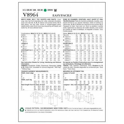 Vogue Sewing Pattern V8964 Men's Robe Top Shorts And Trousers Pyjamas - Picture 2 of 2