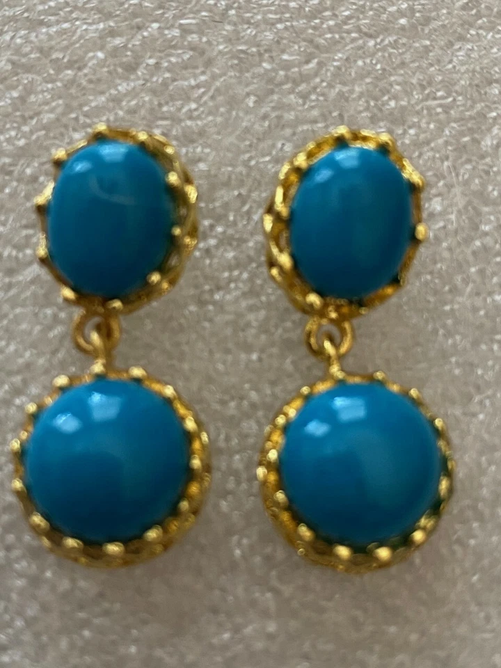 Шикарный новый желтое золото заполненное овальный бирюзовый гвоздики подвеской капли серьги - Изображение 2 из 2