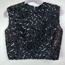 Vtg Cropped Black Dark Red Lace Top Black Zig Zag Sequins SMALL 70s disco party