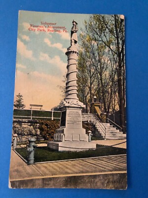 READING  PA CITY PARK VOLUNTEER FIREMEN'S MONUMENT DIVIDED  POSTCARD 1917 CANCEL