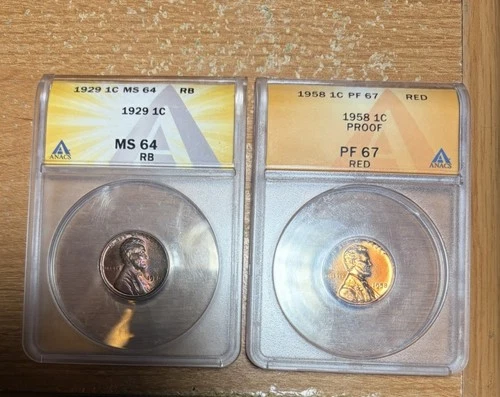 Anacs Two Coin Wheat Pennies 1929 P MS64 RB 1958 P PF 67 Red Gem Uncirculated