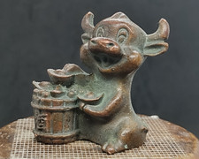 Antique Vintage Solid Bronze Ox Statue - Natural Patina Figure #3967