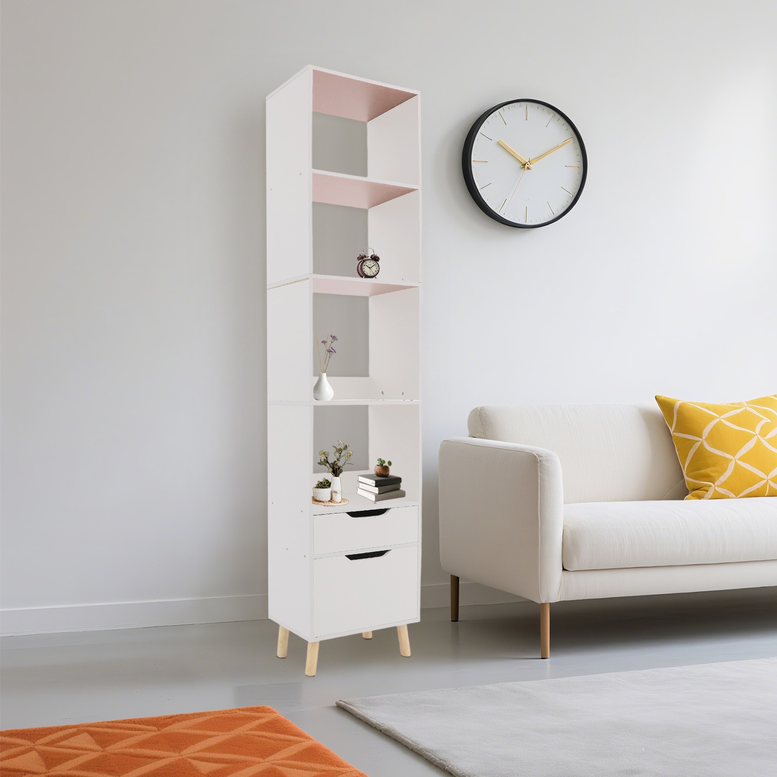 4 Tier Storage Shelf Freestanding Organizing Rack Tall Open Book Stand w/ Drawer