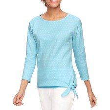 Top girocollo donna T by Talbots blu chiaro bianco a pois cravatta vita taglia large