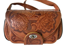 Western Tooled Brown Leather Shoulder Purse Vintage Drop 17" Excellent