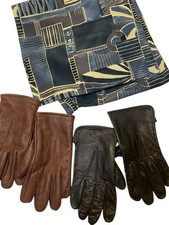 Vtg Mens L Gloves Brown Black Leather with Blue Scarf