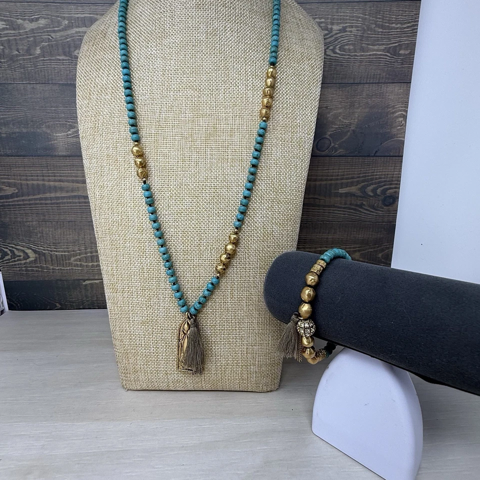Silpada Brass Dominica Turquoise Blue Bead Tassel Necklace and Bracelet KRN0046 - Image 2 of 4