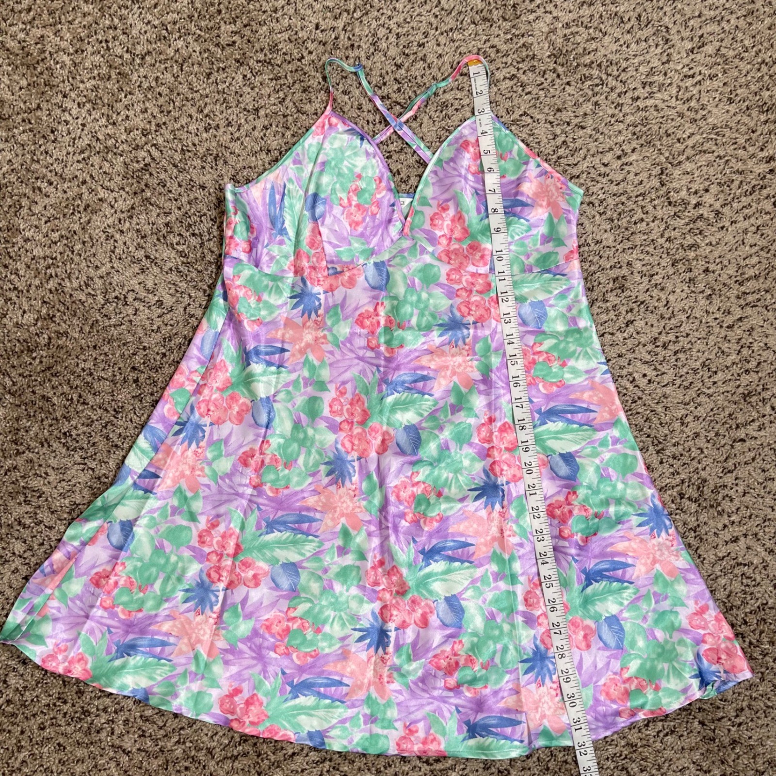 Vintage Secret Treasures Floral Satin Mini Slip Dress L Pastel Pink Purple Y2K