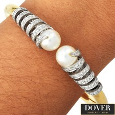 Estate 10mm Pearl 1.50ct Diamond 18K Gold Spiral Bangle Bracelet 30.9 Grams NR