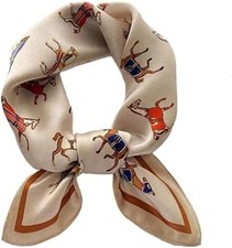 100 Mulberry Silk Square Scarf Equestrian Horse Print Beige Multi 21 inches New