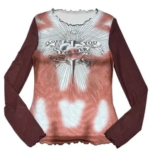 Y2K Love You Forever Mesh Stretch Long Sleeve Tattoo Graphic Sheer Top **READ**