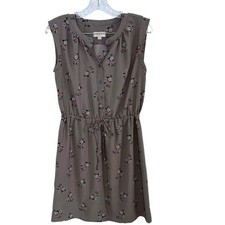 LOFT Button Front Elastic Waist Short Sleeve Dress Gray & Pink SZ LARGE PreLoved