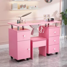 Nail Desk and Chair Set, Manicure Table with Stool, Dust Collector for Beauty