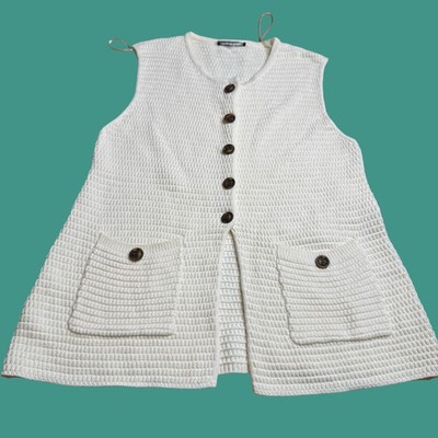 Aaron & Amber Womens Knit Vest Cardigan Large Cream Button Pocket Boho Layering