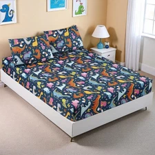 3 Pcs Dinosaur Sheets Queen Size Dino Themed Sheet With 2 Pillowcases, Super Sof