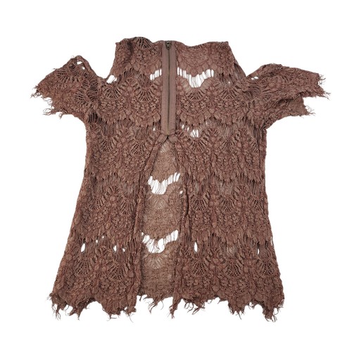 Camicia pizzo marrone donna media spalla fredda vedere attraverso boho uncinetto senza schiena - Foto 5 di 15