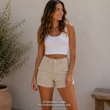Risen Cargo Denim Shorts Women Medium Khaki High Rise Stretch Utility Pocket NWT
