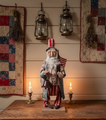 Handcrafted by Michelle Early American Quilted Chubby Uncle Sam Clay Face Doll S