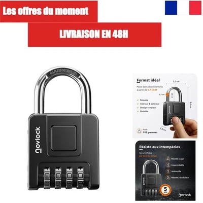 Cadenas à code 4 chiffres NovLock - Résistant aux intempéries - Noir - Photo 1/4