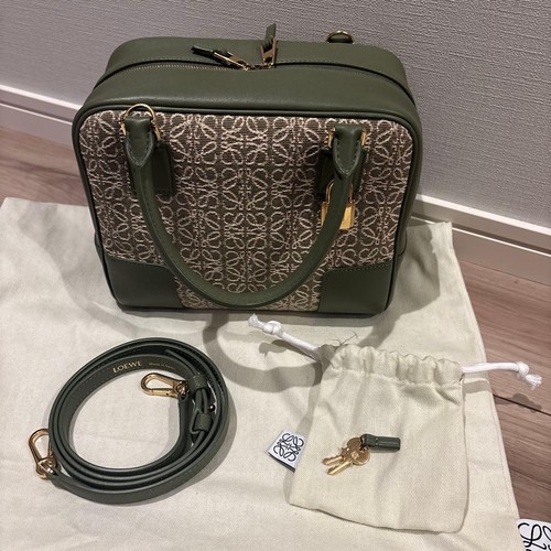Loewe Amazona Anagram Khaki Leather Bag with White Detail