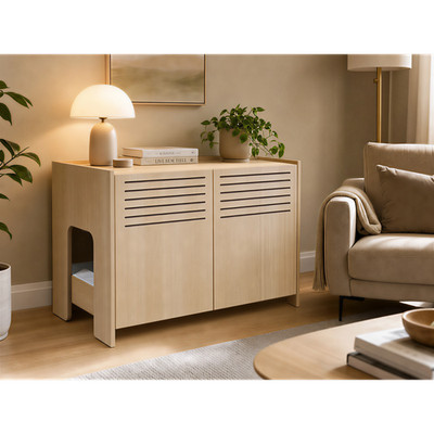 Modern Wooden Cat House with Scratching Pad , Cat Litter Box Enclosure