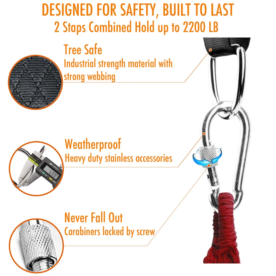 [Set of 2] 5FT 2200LB Tree Swing Hanging Hammock Straps Kit Nylon Carabiners - Image 3 of 4