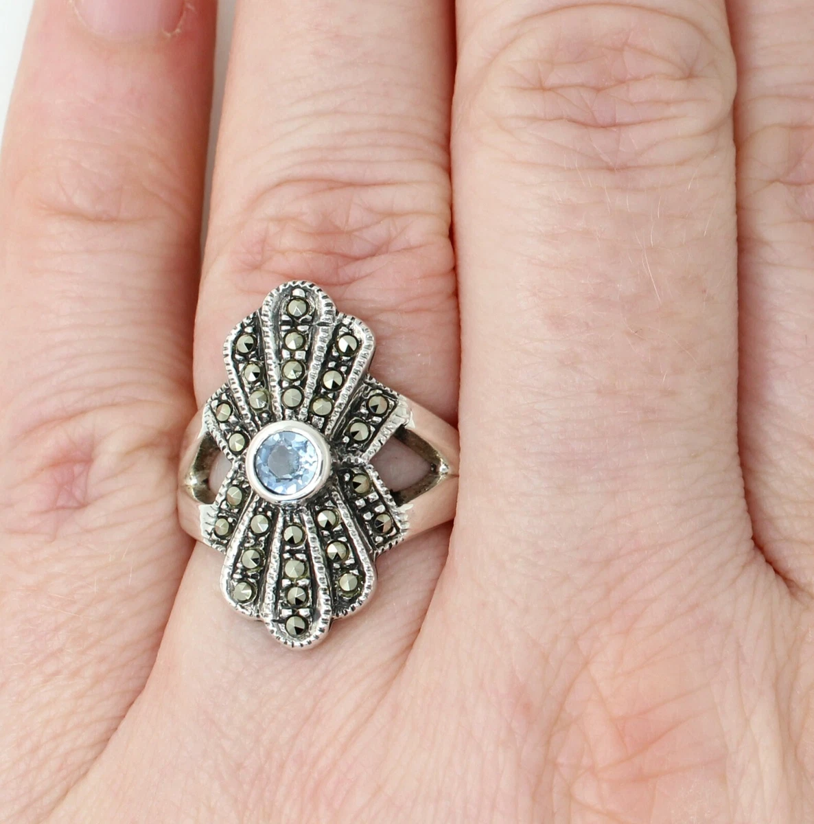 ART DECO Fan Ring 925 Silver Sky Blue Topaz Marcasite Cluster