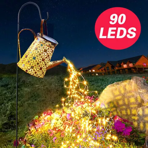 Solar Powered LED String Light Watering Can Outdoor Garden Art