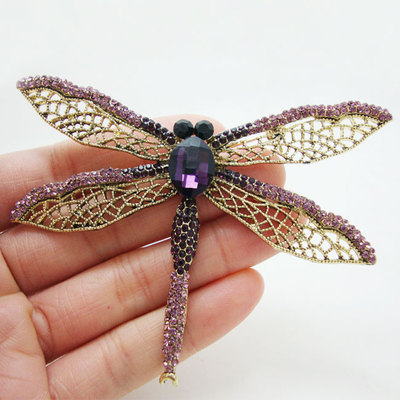 Gold-Tone Purple Dragonfly Brooch Pin Rhinestone Crystal Party Jewelry