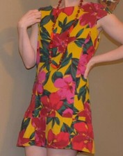 For Cynthia summer dress, hibiscus pattern, paneled linen, flared A-line sheath