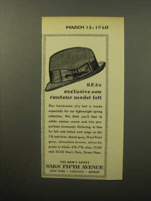 1960 Saks Fifth Avenue Hats Ad - S.F.A's exclusoive new contour model felt